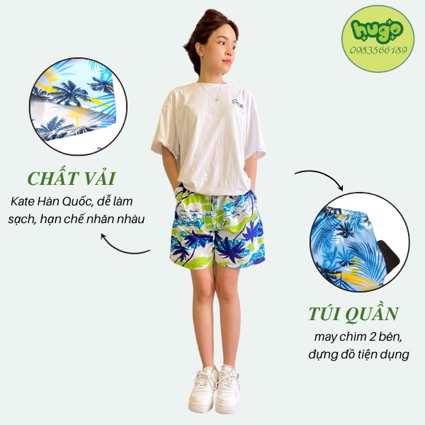 Quần đùi hoa lá, chất kate họa tiết Hàn Quốc, quần đi biển họa tiết hoa lá nam nữ 40 - 75kg nhiều màu - Hugo Shop