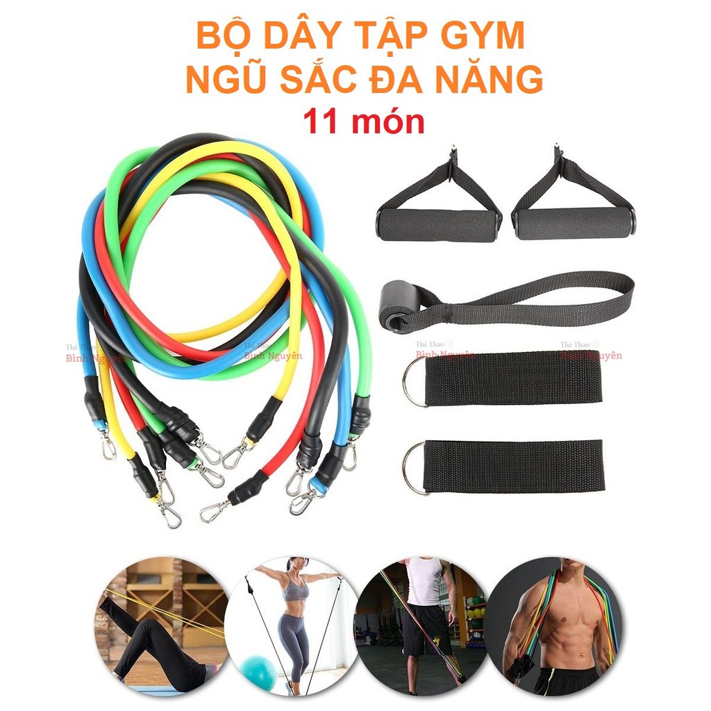 Bộ dây kháng lực ngũ sắc tập gym 11 món cao cấp - Resistance band dây kháng lực thể hình thể lực tập ngực body