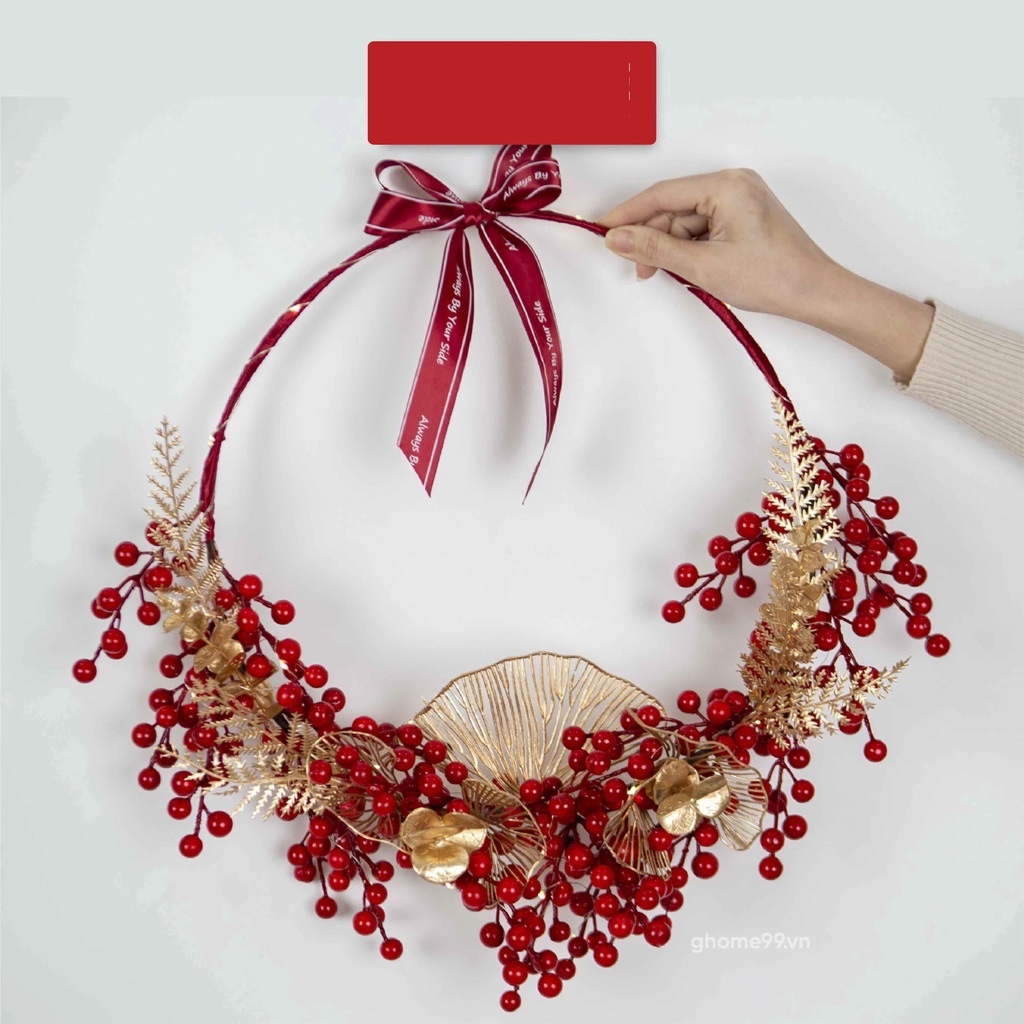 Vòng hoa may mắn trang trí tết, đào đông quả lựu đỏ hút tài lôc an khang đón xuân rực rỡ- Trang trí sẵn
