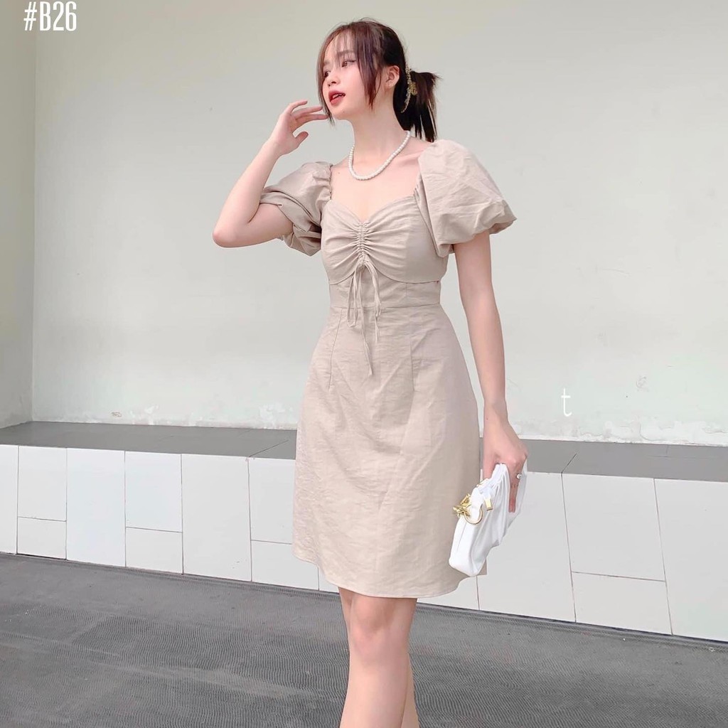 Đầm cổ vuông tay phồng rút dây ngực Lona Dress