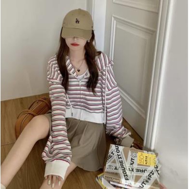 Áo Khoác cardigan Có Nón Dáng Rộng Ngắn Họa Tiết Kẻ Sọc Thời Trang Mùa Thu 2022 Mới