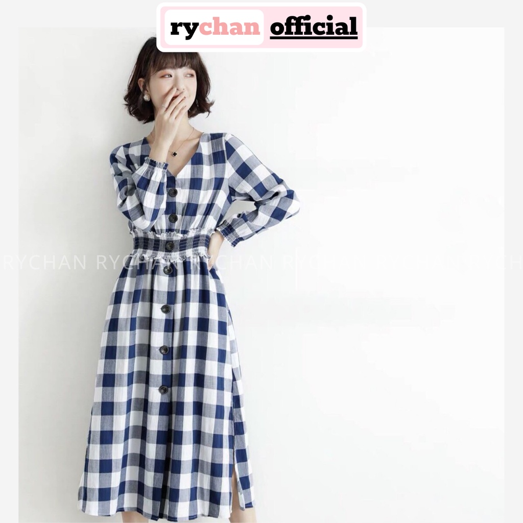 [ẢNH THẬT CUỐI] DX601 - Đầm Xòe Caro Cổ V Nhún Eo Tay Dài