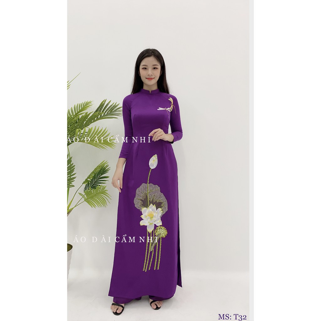 Áo dài nữ đẹp Màu tím, Áo dài thêu sen - Mã T32