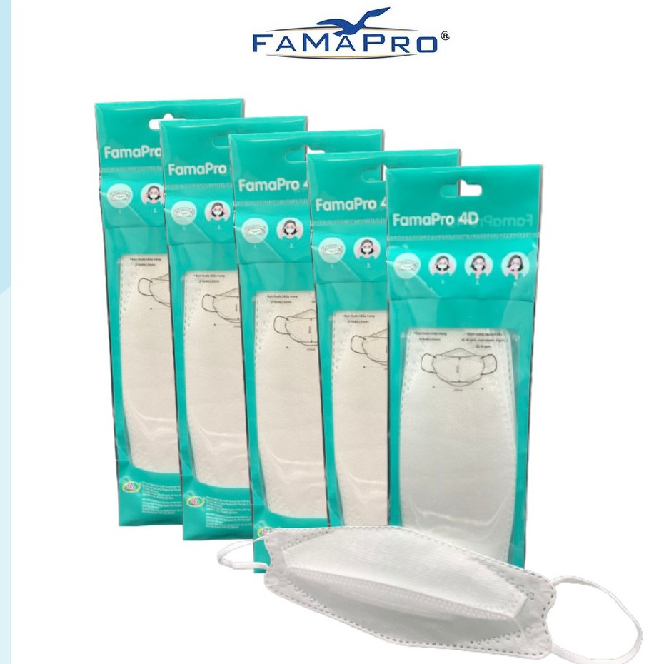 Khẩu trang y tế kháng khuẩn cao cấp Famapro 4D màu trắng (5 cái/ túi) - 98% Lọc Khuẩn, Bụi, Virus (Hàng Cty)