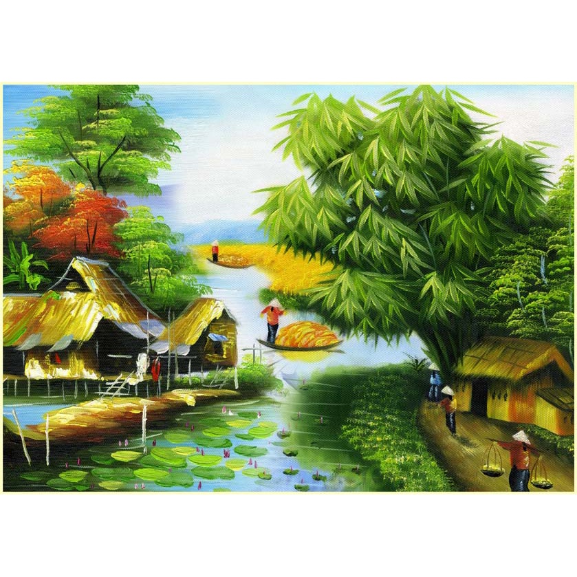 Tranh Làng Quê Thời Xưa Cũ Chuyên Dán Tường 3D, dòng sông uốc quanh làng xóm