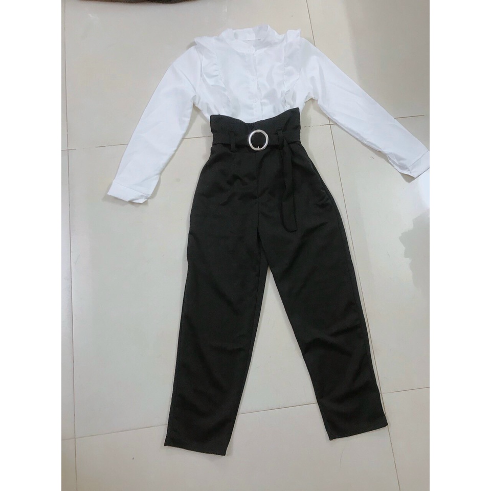 Set bộ áo sơ mi cổ đứng phối bèo kèm quần tay lưng cao có đai thắt lưng thanh lịch