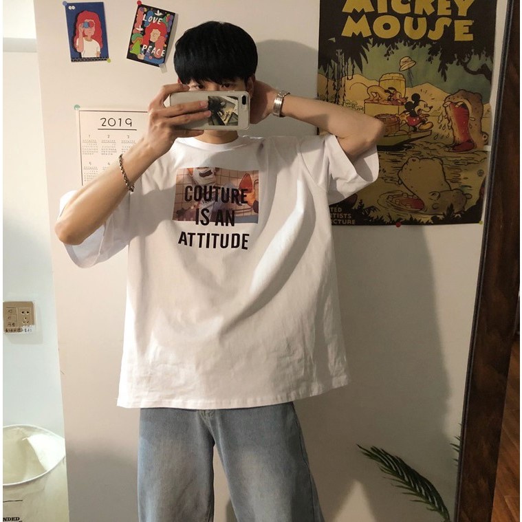 Áo thun nam tay lỡ in chữ kiểu dáng basic form rộng cực năng động