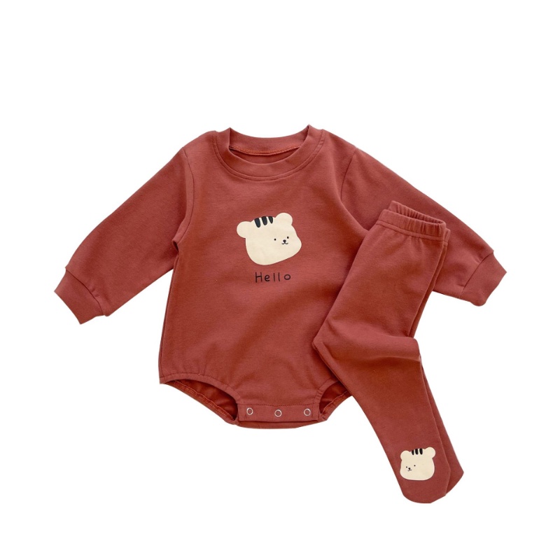 Bộ Áo Liền Quần Bằng Cotton Tay Dài In Họa Tiết Động Vật Dễ Thương + Quần Dài Thời Trang Cho Bé Sơ Sinh 0-2 Tuổi