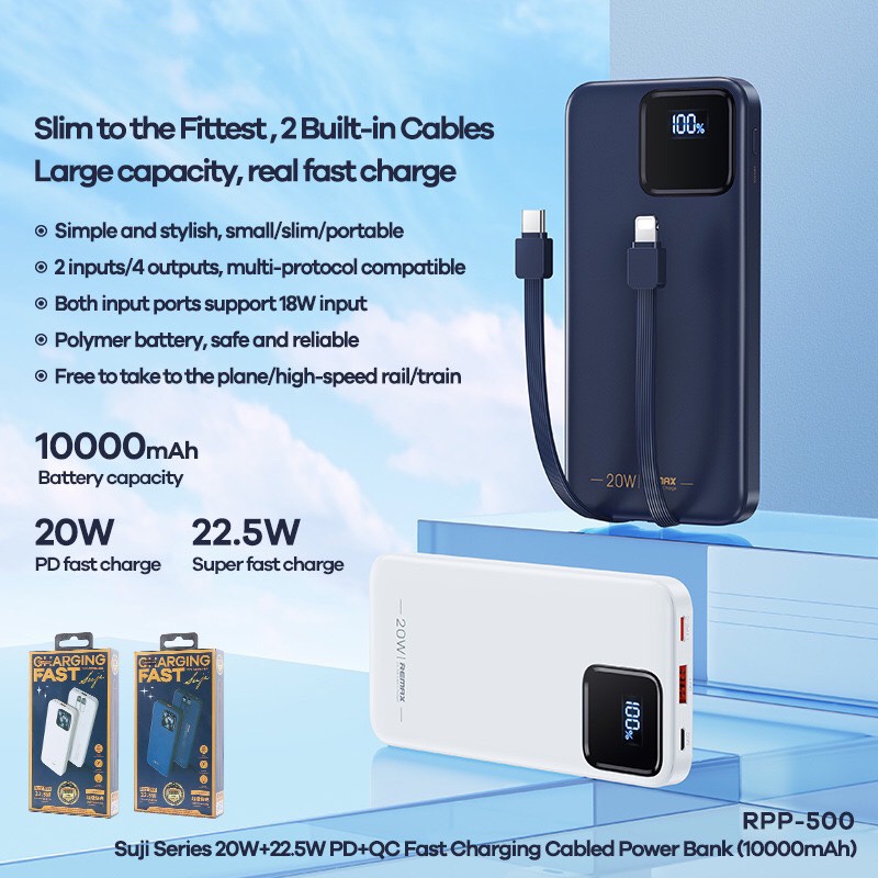 Pin Sạc Dự Phòng 10000mAh Remax RPP-500 có kèm 2 dây hỗ trợ sạc nhanh PD20w + QC22.5w Đèn LED Hiển Thị Kiểu Dáng Mỏng.