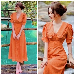 Đầm váy cam cổ bèo nút bọc