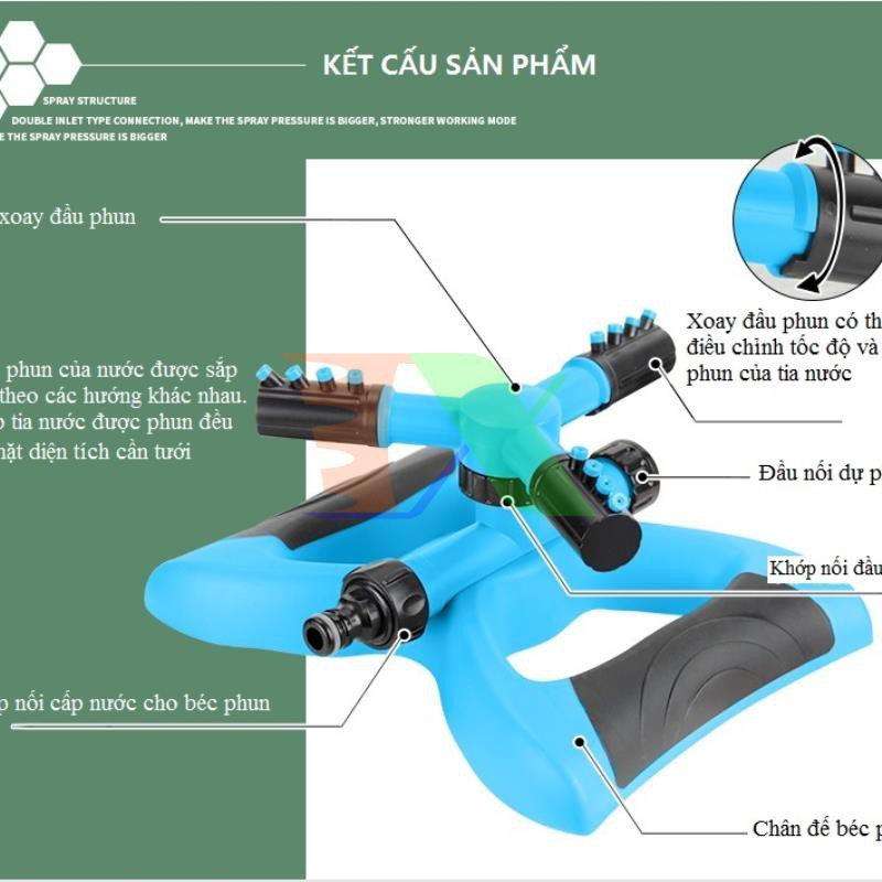 Bộ tưới đầy đủ Đầu tưới 3 cánh xoay 360° - Chân đế cánh bướm kèm 10m dây