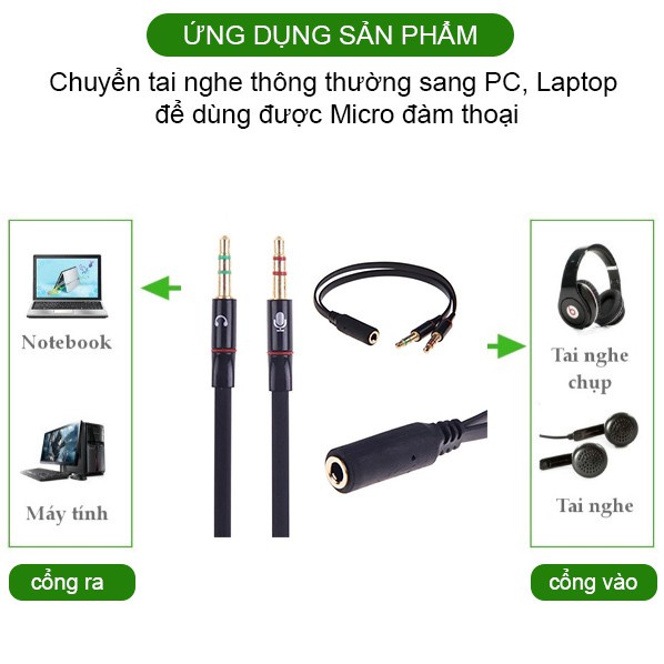 Jack Chuyển Đổi Tai Nghe 3.5mm Sang 2 Cổng 3.5mm cáp chia audio và mic dùng cho laptop và máy tính PC( đen đỏ)