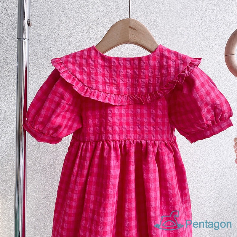 Đầm Công Chúa Tay Phồng In Họa Tiết Caro Dễ Thương Phong Cách Hàn Quốc Thời Trang Mùa Hè Cho Bé Gái