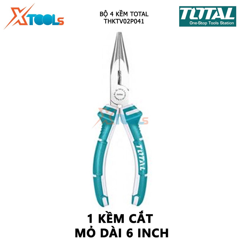 Bộ kềm 4 món TOTAL THKTV02P041 bộ 4 kìm bao gồm 1 kềm răng 8 inch, 1 kềm cắt 7 inch,1 kềm cắt mỏ dài 6 inch, 1 kềm mỏ qu