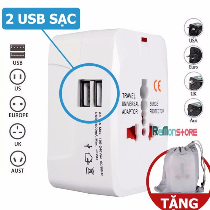 Ổ cắm điện quốc tế du lịch đa năng 2 cổng USB Universal Travel AC Adapter