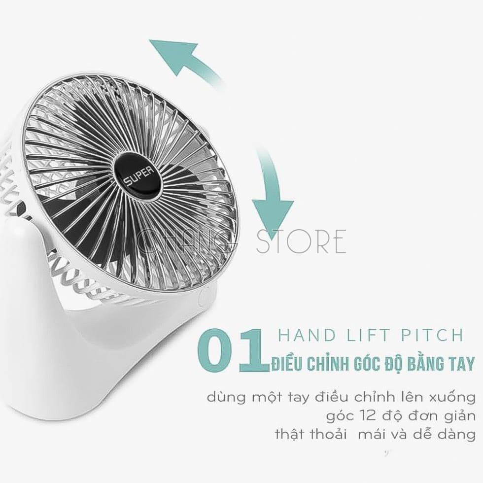 Quạt mini tích điện để bàn, động cơ không tiếng ồn, xoay linh hoạt 210 độ, cổng sạc USB,