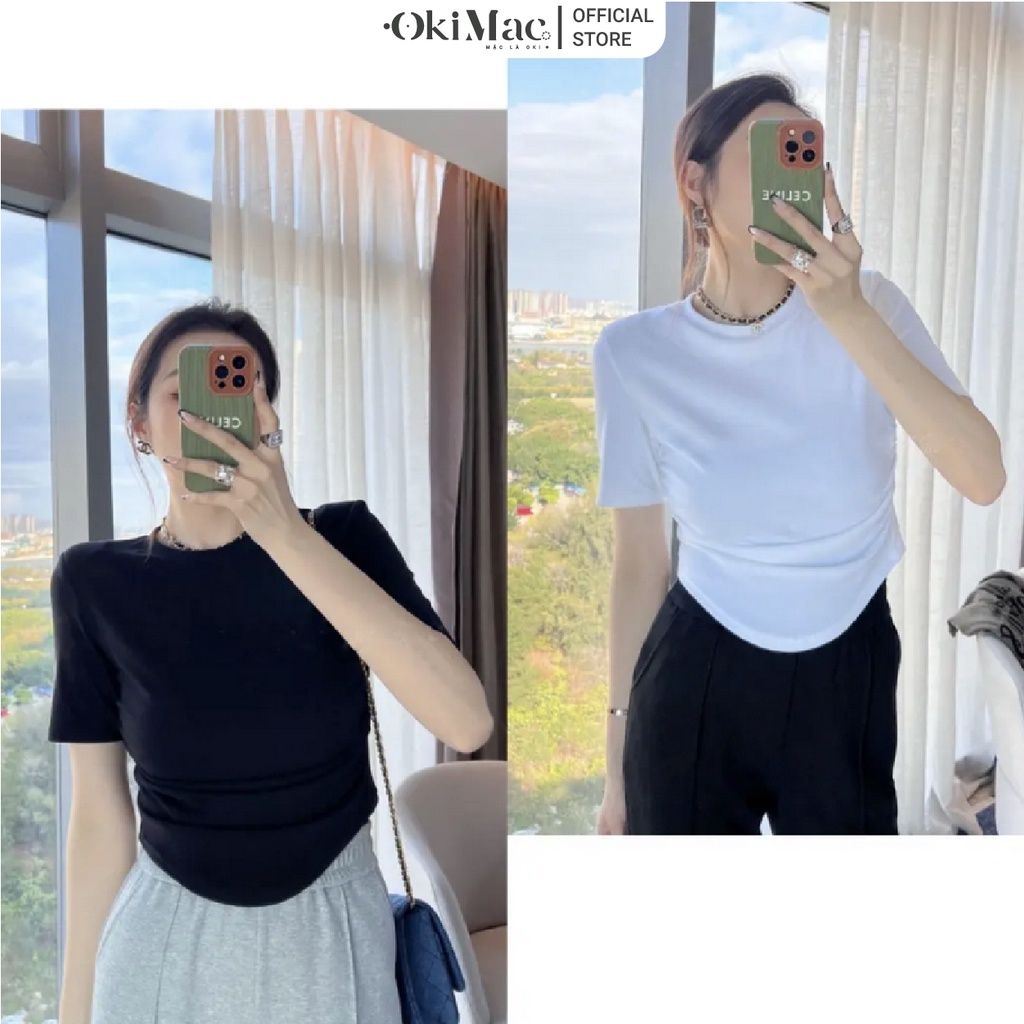 Áo thun nữ OKIMAC cổ tròn ngắn tay vạt bầu kiểu ôm body bo eo thun vải cotton cực mát phong cách ulzzang thời trang nữ