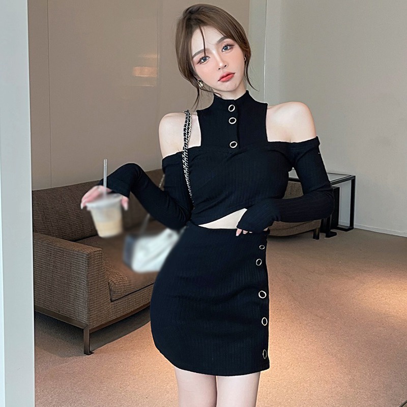 Set áo hở vai màu trơn và chân váy lưng cao thời trang nữ