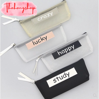 Hộp đựng bút, túi đựng bút lưới lucky,crazy,happy,study KT 18*8