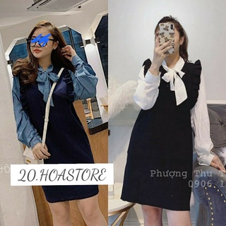 Set áo váy tay bồng buộc nơ + váy gile yếm bèo hot