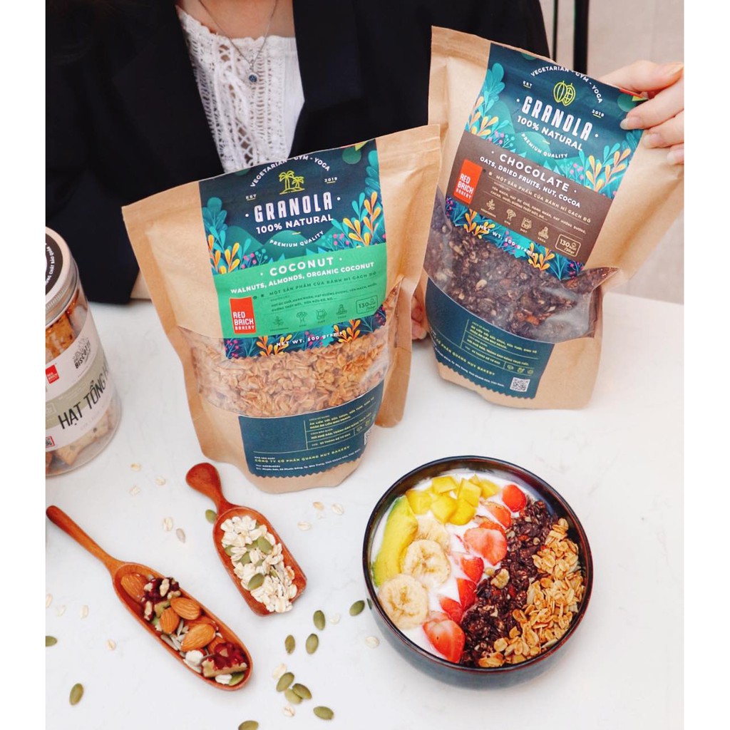 Ngũ Cốc Granola Gạch Đỏ Gói 500g, Giảm Cân, Tăng Cơ, Dành Cho Người Tập GYM, YOGA, DIET