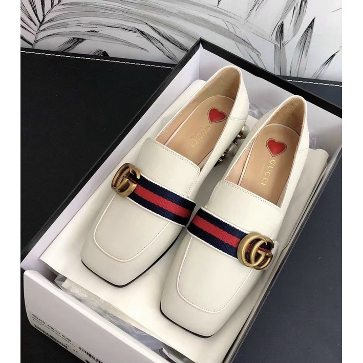 Giầy Lười Gucci Gót Ngọc Trắng Đen