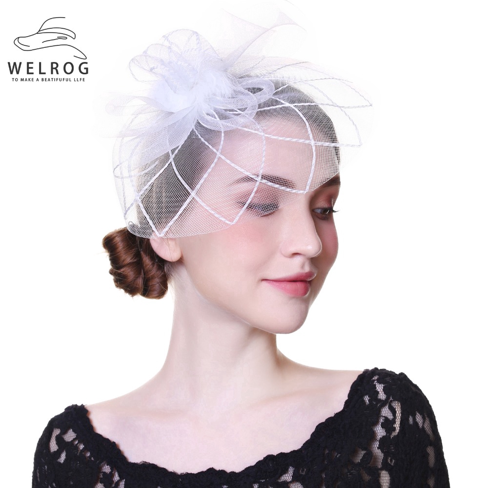 Mũ lưới kèm mạng che mặt đính hoa và lông vũ đội đầu