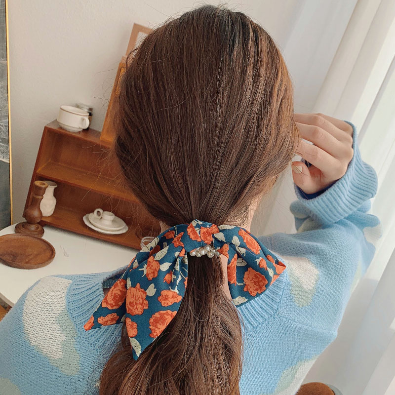 Bow Hair Rope Floral Silk Scarf