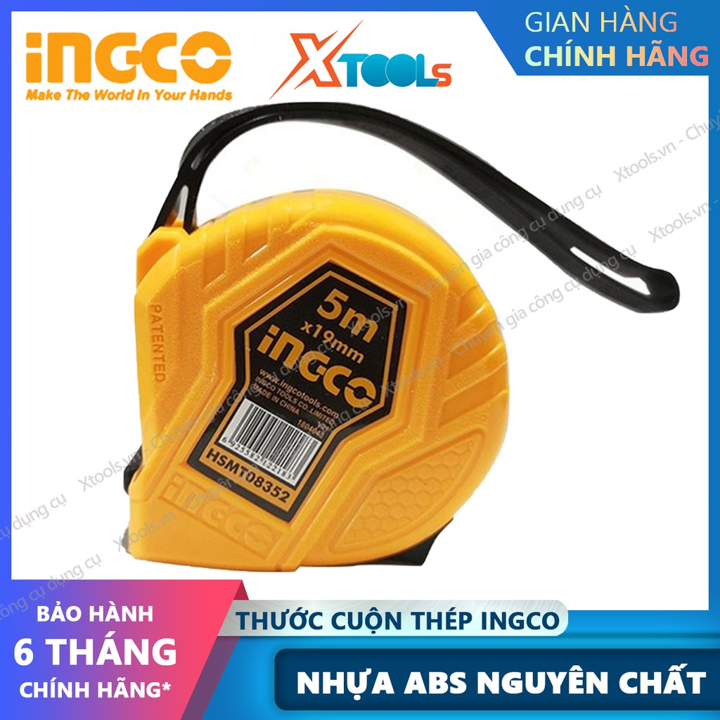 Thước cuộn thép nền vàng INGCO HSMT08352 19mmX5m, thước dây cuộn tự động 5m chất liệu ABS cứng chắc chống va đập