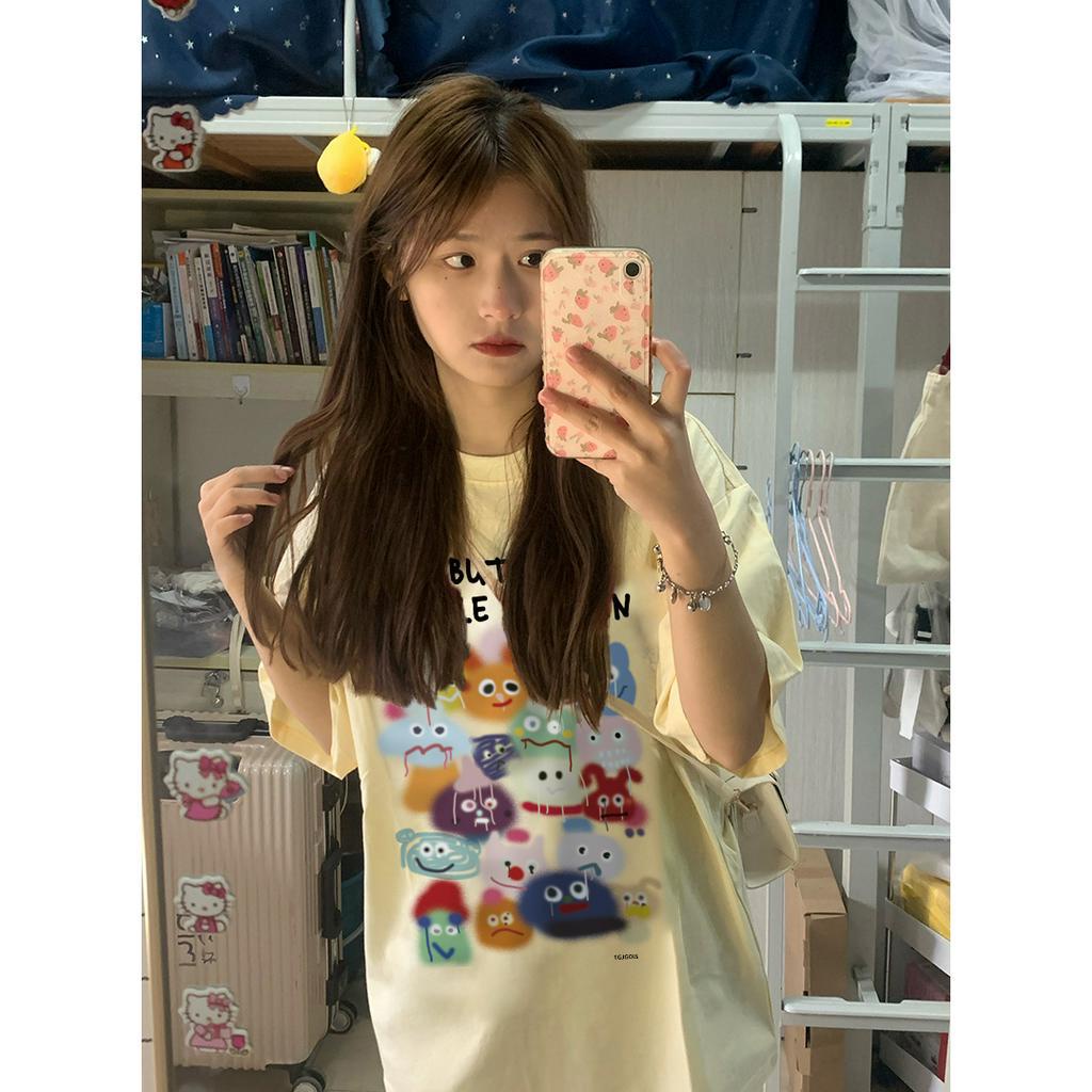 SELVZE Áo Thun cotton Tay Ngắn Dáng Rộng in Hình Quái Vật Nhỏ Phong Cách Vintage Hợp Thời Trang
