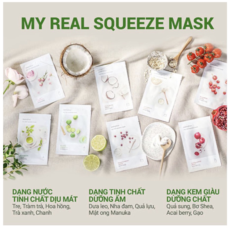 Mặt Nạ Innisfree (20ml) , Mask Innisfree 18 vị Hàn Quốc cấp ẩm làm trắng da- Mặt Nạ Giấy Innisfree