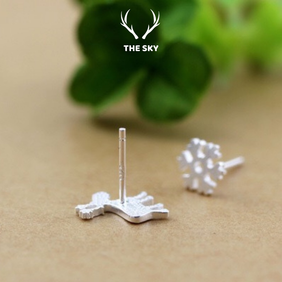 Khuyên Tai Bạc, Bông Tai Nữ Bất Cân Xứng Hình Hoa Tuyết Và Chú Tuần Lộc Dễ Thương S92590