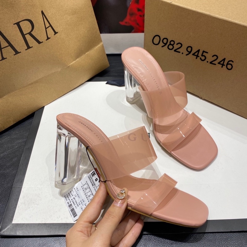 Guốc Zara quai mica 2 màu hồng + trong mềm êm chân, gót 7p và 9p tôn dáng