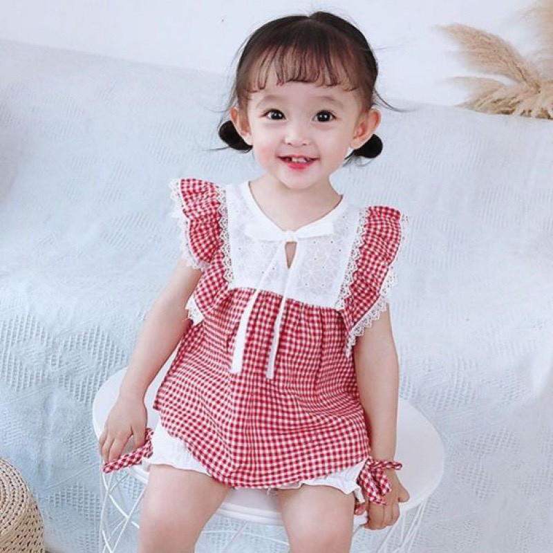 Set áo carô cánh tiên cổ thắt nơ và quần đùi cạp chun, gấu sóng bo chun cực đẹp, cực xinh cho bé gái từ 8 đến 22 kg