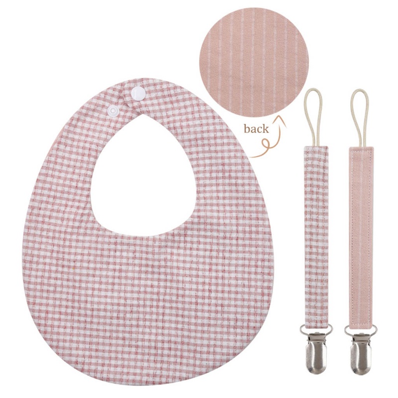 Set 3 Yếm Ăn Cotton Lanh Có Kẹp Dây Xích Đeo Hai Mặt In Họa Tiết Kẻ Sọc Cho Bé