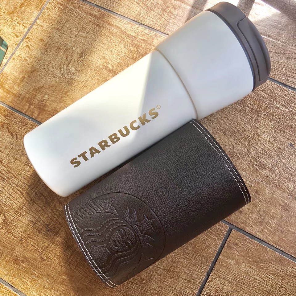 Bình giữ nhiệt Starbucks chính hãng bọc da màu nâu chống bám vân tay dung tích 500ml