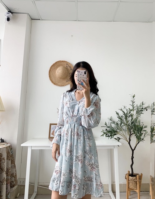 Váy hoa vintage Quảng Châu đẹp nhẹ nhàng Đầm hoa nhí Hàn Quốc 2 lớp