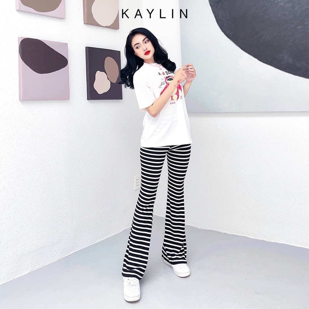 Set áo thun nữ mix quần loe sọc freesize trắng đen thời trang KAYLIN - N1689