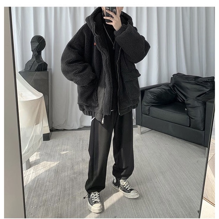 Áo Khoác Lông Cừu Unisex Mũ 2 Lớp Form Rộng Chất Dày,Áo Khoác Jacket Túi Hộp Oversize Nam Nữ Phong Cách Hàn Quốc
