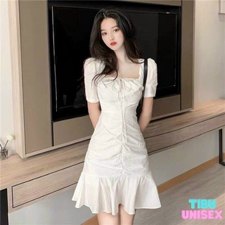 ◆đầm cổ vuông nhún ngực đuôi cá thắt nơ tibu phong cách tiểu thư sang chảnh