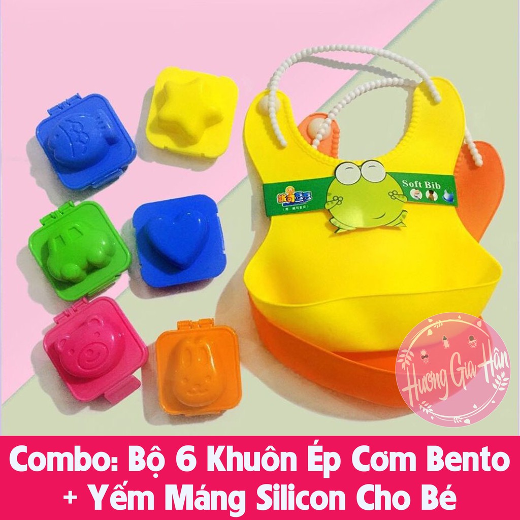 Combo Ăn Dặm: Bộ 6 Khuôn Ép Cơm Bento Và Yếm Máng Silicon Cho Bé