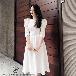 Váy nữ thiết kế tay bồng đầm xòe dáng dài màu trắng trơn V267 KYMIE