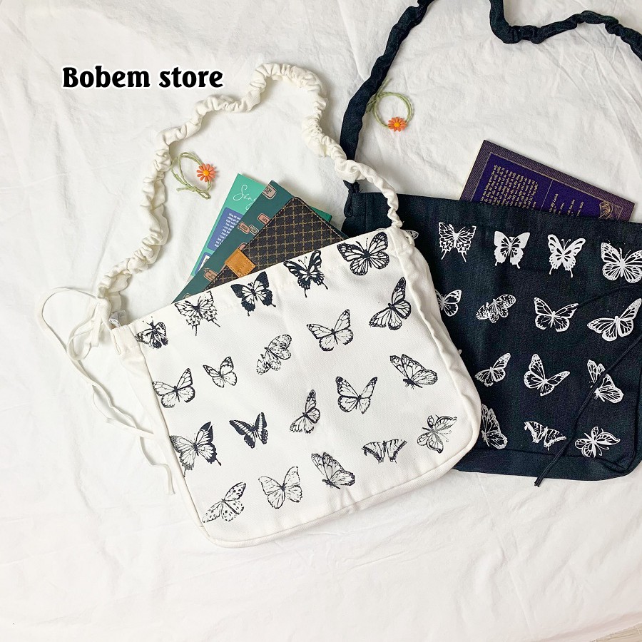 Túi tote đeo chéo Canvas dây rút thắc nơ - bướm