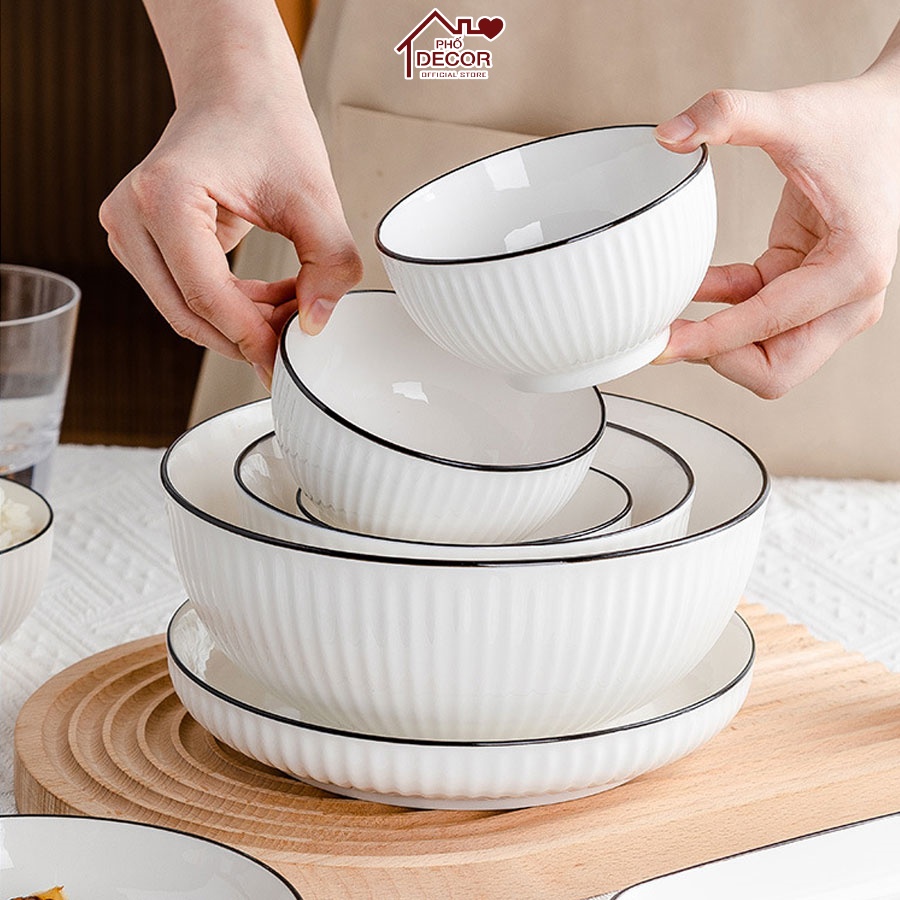 Bộ Bát Đĩa Phố Decor Gốm Sứ Cao Cấp Sứ Trắng Bo Viền Phong Cách Nhật Bản - Mẫu 2
