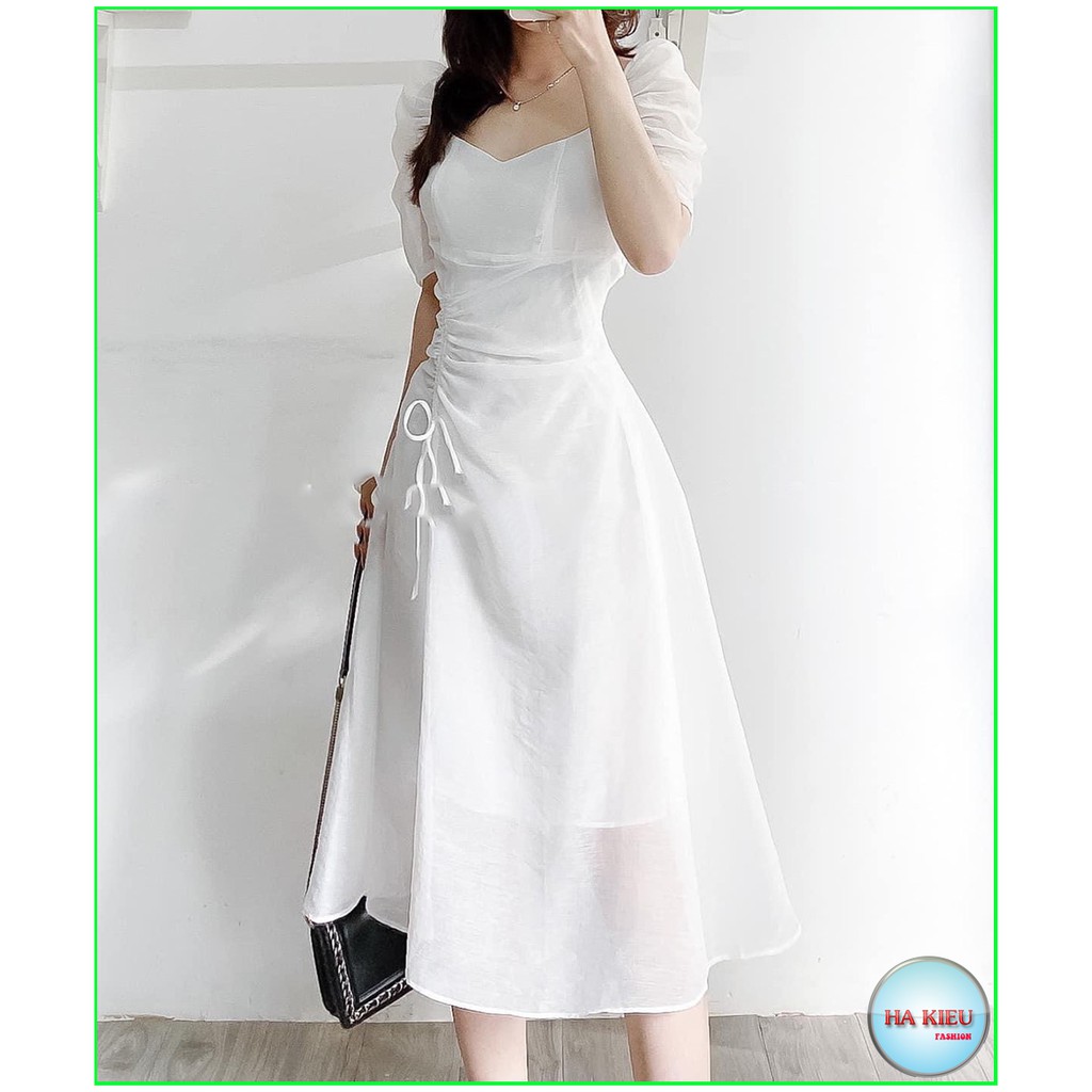 Đầm váy nữ Trắng midi cổ tim rút eo hông phong cách xinh đẹp.