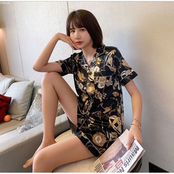 Đồ Ngủ Lụa Ngắn ✽ Họa Tiết Lá✽Bộ Mặc Nhà Khuy Ngắn ✽ 40kg - 78kg