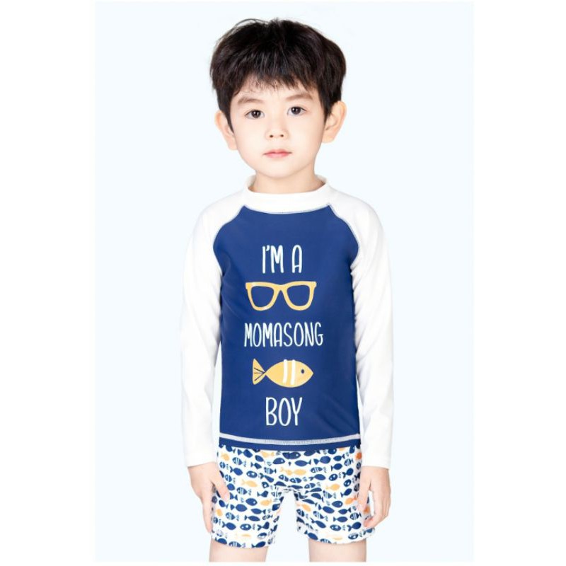 Sét đồ bơi dài tay chống nắng Momasong Boy in hình cá, mắt kính dễ thương chất vải đẹp hàng hiệu cao cấp