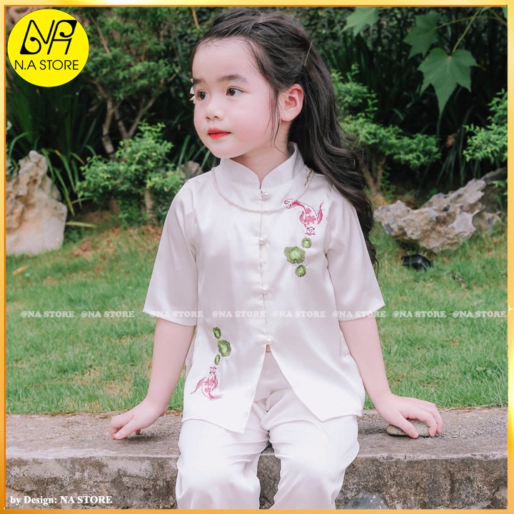 Đồ Lam Đi Chùa Bé Gái - Bộ Đi Lễ Chùa AL018 Trang Nhã Thêu Cá Ngọc Xinh Lung Linh Dành Cho Bé BÉ - AL018