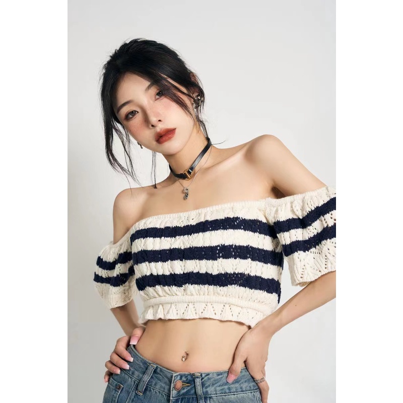 Áo croptop Dệt Kim Trễ Vai Cổ Vuông Hoạ Tiết Kẻ Sọc Trắng Đen Thời Trang Mùa Hè Cho Phái Nữ