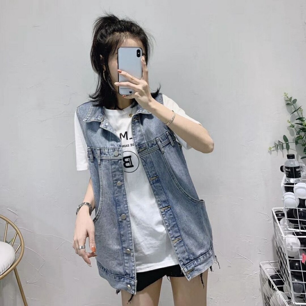 Áo Khoác Jean Không Tay Dáng Rộng Màu Xám Đen Phong Cách Hàn Quốc Cổ Điển Dành Cho Nữ Plus Size